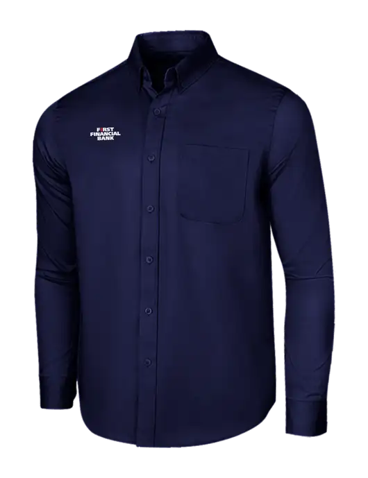 Long Sleeve Navy Superpro React Twill Shirt w/First Financial Bank Logo