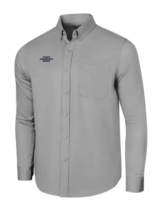 Long Sleeve Light Grey Superpro React Twill Shirt w/First Financial Bank Logo