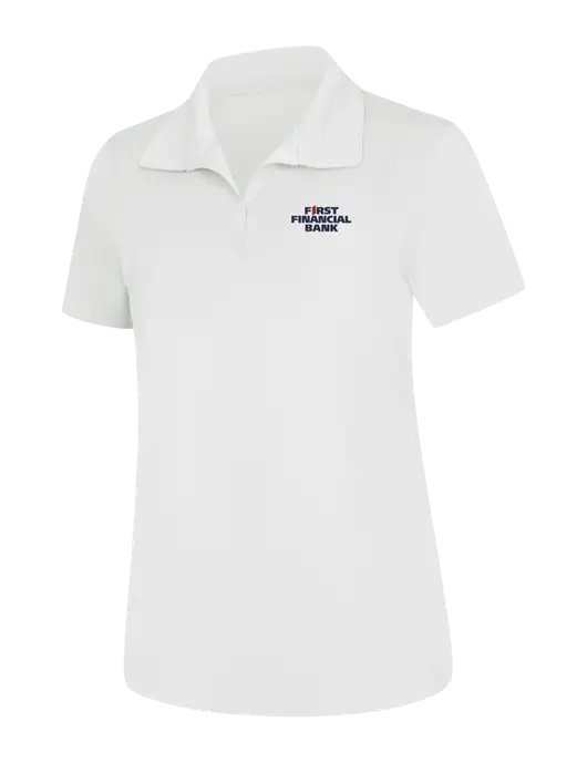 Womens White Micropique Sport-Wick Polo w/First Financial Bank Logo