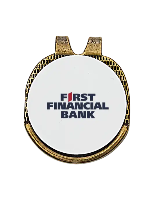 Antique Gold Hat Clip w/Golf Ball Marker w/First Financial Bank Logo