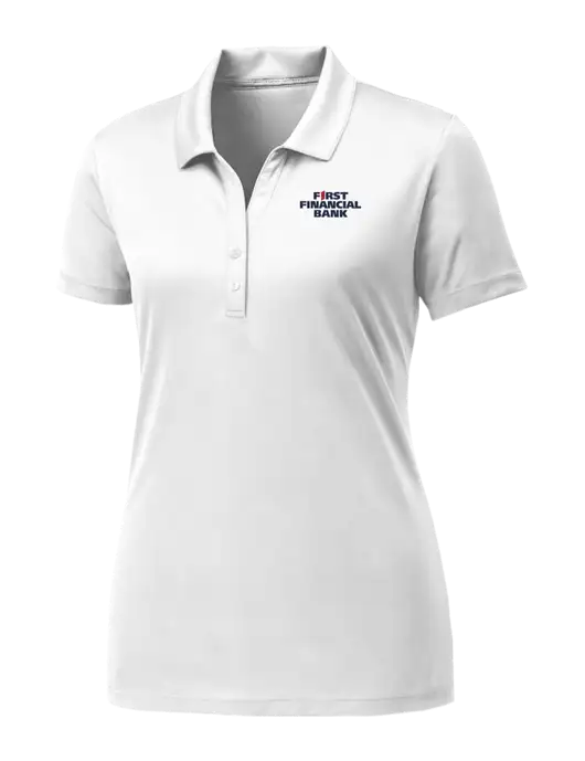 Womens White PosiCharge Competitor Polo w/First Financial Bank Logo