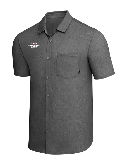 OGIO Dark Grey Heather Extend Short Sleeve Button Up Shirt w/First Financial Bank Logo