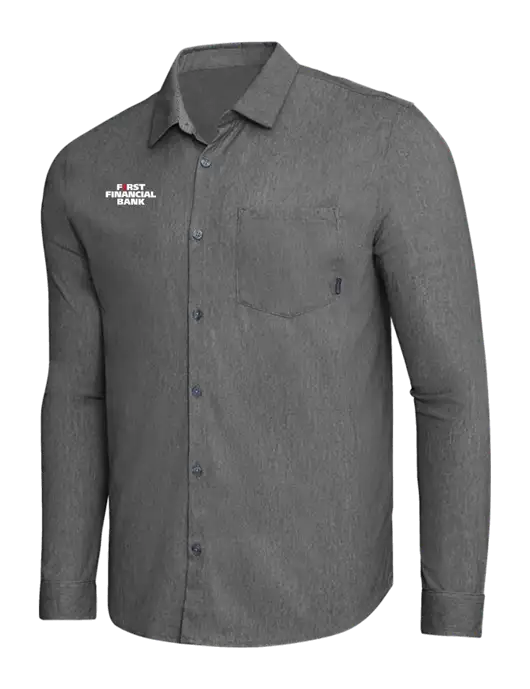 OGIO Dark Grey Heather Extend Long Sleeve Button Up Shirt w/First Financial Bank Logo