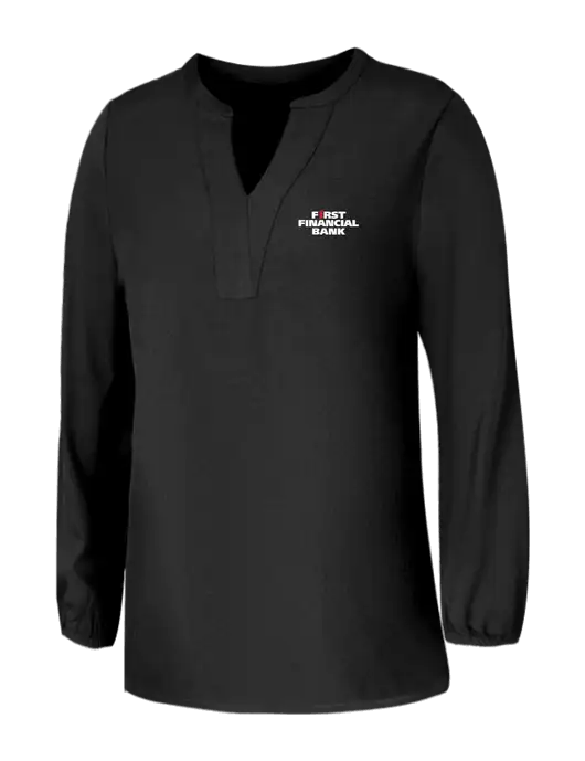 Mercer+Mettle Womens Deep Black Stretch Crepe 3/4 Sleeve Blouse w/First Financial Bank Logo