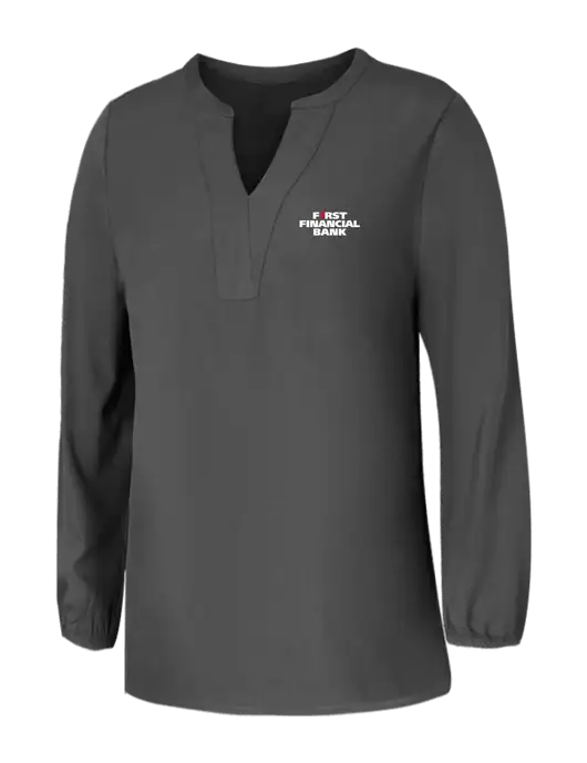 Mercer+Mettle Womens Dark Grey Stretch Crepe 3/4 Sleeve Blouse w/First Financial Bank Logo