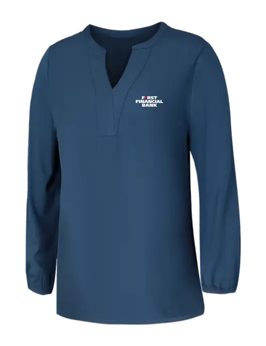 Mercer+Mettle Womens Light Navy Blue Grey Stretch Crepe 3/4 Sleeve Blouse w/First Financial Bank Logo