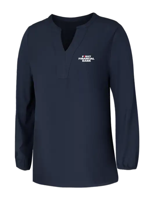 Mercer+Mettle Womens Navy Stretch Crepe 3/4 Sleeve Blouse w/First Financial Bank Logo