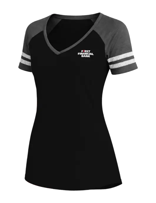 Womens Black/Charcoal Heather V-Neck Game Tee w/First Financial Bank Logo