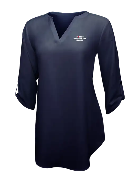 Navy Womens 3/4 Sleeve Tunic Blouse w/First Financial Bank Logo