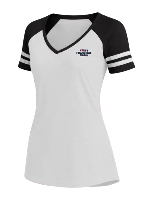 Womens White/Black V-Neck Game Tee w/First Financial Bank Logo