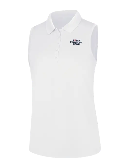 Womens White Dry Zone UV Micro-Mesh Sleeveless Polo w/First Financial Bank Logo