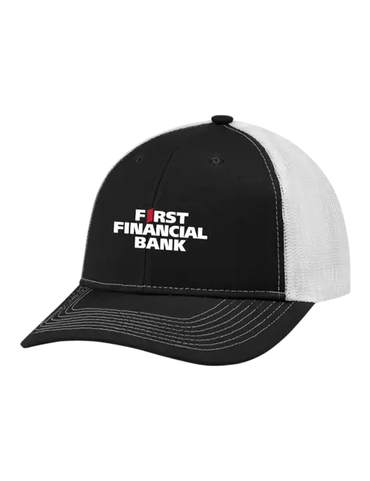 Snapback Ponytail Trucker Cap Black w/White Mesh w/First Financial Bank Logo
