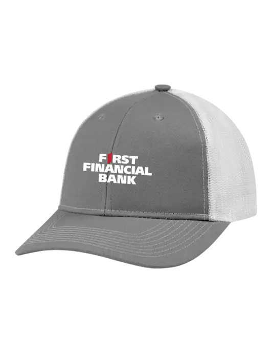 Snapback Ponytail Trucker Cap Light Medium Heather Grey w/White Mesh w/First Financial Bank Logo