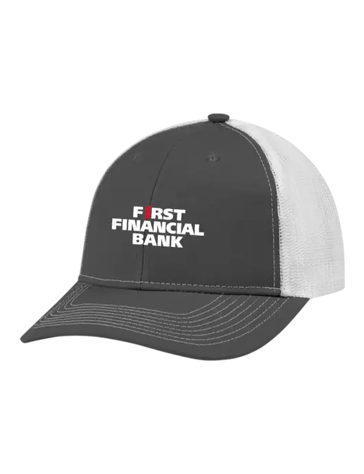 Snapback Ponytail Trucker Cap Dark Grey w/White Mesh w/First Financial Bank Logo