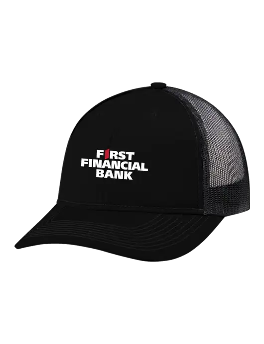 Snapback Ponytail Trucker Cap Black w/Black Mesh w/First Financial Bank Logo