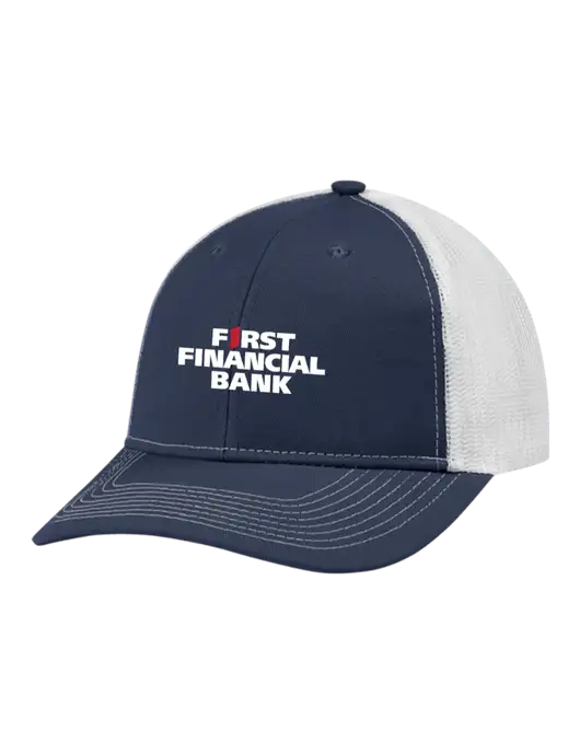 Snapback Ponytail Trucker Cap Navy w/White Mesh w/First Financial Bank Logo