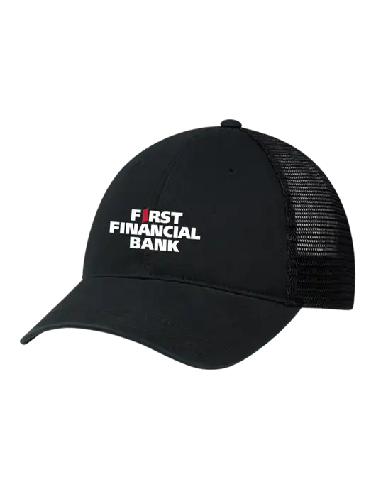 Richardson 111 Garment Washed Trucker Cap Black w/Black Mesh w/First Financial Bank Logo