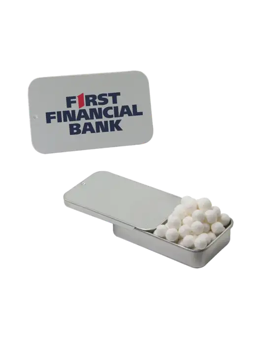 Signature Peppermints In Silver Slider Tin w/First Financial Bank Logo