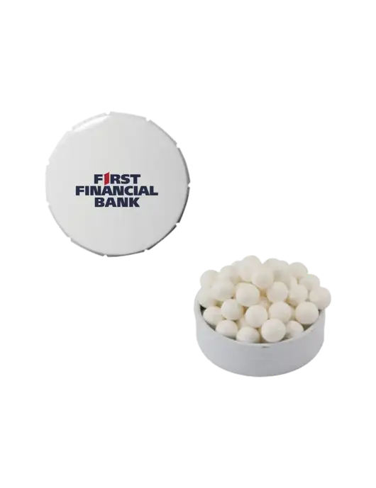 Signature Peppermints In White Snap Top Tin  w/First Financial Bank Logo