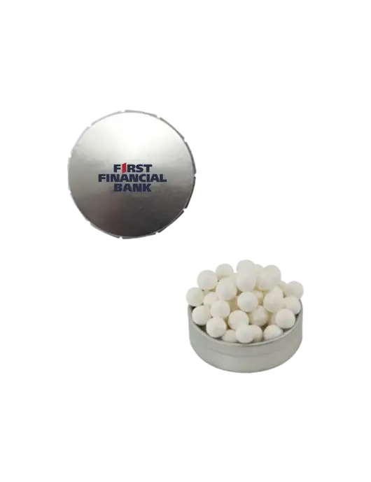 Signature Peppermints In Silver Snap Top Tin  w/First Financial Bank Logo