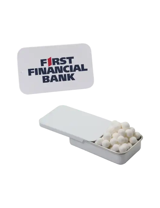 Signature Peppermints In White Slider Tin w/First Financial Bank Logo
