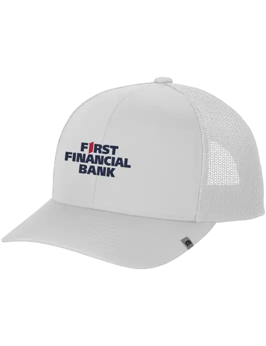TravisMathew White Cruz Trucker Cap w/First Financial Bank Logo