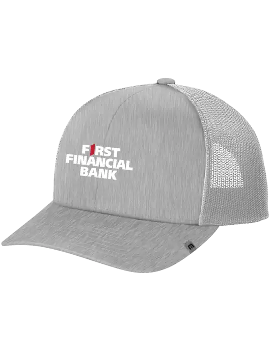TravisMathew Light Medium Grey Heather Cruz Trucker Cap w/First Financial Bank Logo