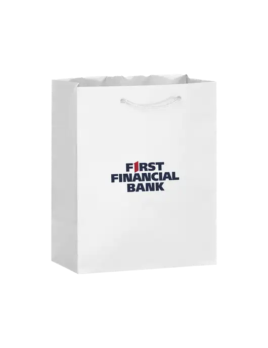 White Gift Bag Matte 8x10 w/First Financial Bank Logo