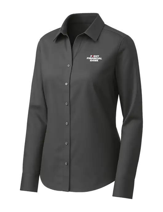 Brooks Brothers Womens Dark Grey Wrinkle-Free Stretch Pinpoint Shirt w/First Financial Bank Logo