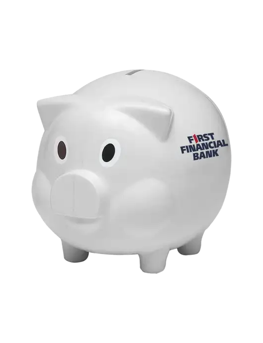 White Piggy Bank w/First Financial Bank Logo