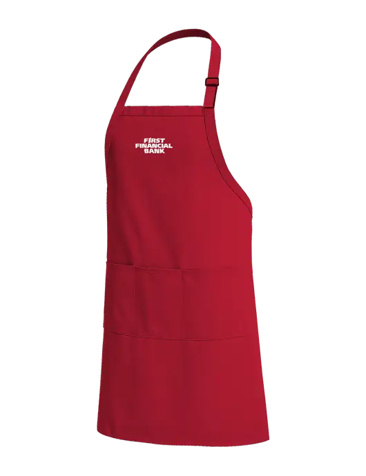 Easy Care Extra Long Bib Red Apron with Stain Release w/First Financial Bank Logo