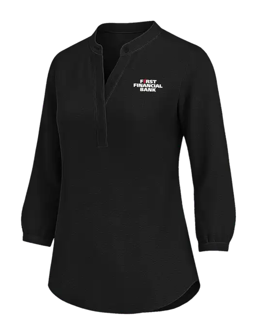 Womens Three Quarter-Sleeve Textured Black Crepe Tunic w/First Financial Bank Logo
