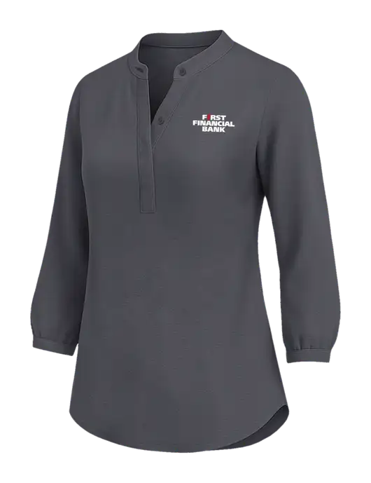 Womens Three Quarter-Sleeve Textured Dark Grey Crepe Tunic w/First Financial Bank Logo