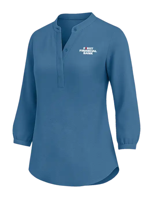 Womens Three Quarter-Sleeve Textured Light Navy Crepe Tunic w/First Financial Bank Logo