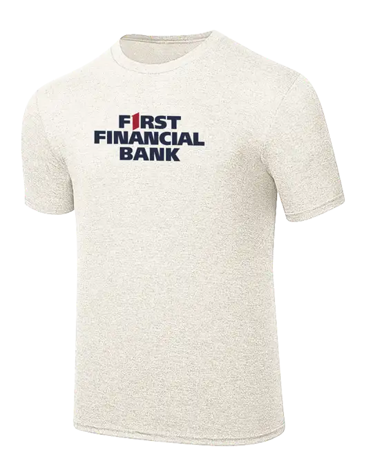 Simply Soft Very Light Tan Heather 4.5oz Poly/Combed Ring Spun Cotton T-Shirt w/First Financial Bank Logo