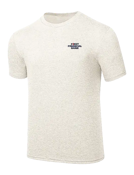 Simply Soft Very Light Tan Heather 4.5oz Poly/Combed Ring Spun Cotton T-Shirt w/First Financial Bank Logo