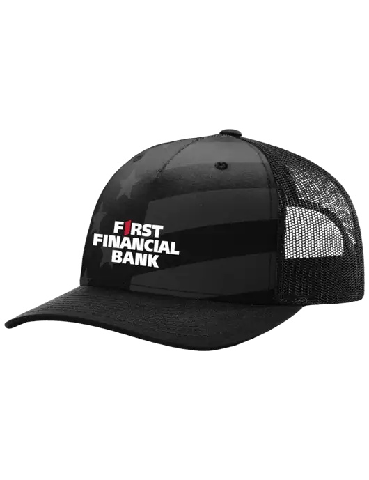 Richardon Five Panel Stars and Stripes Trucker Cap w/First Financial Bank Logo