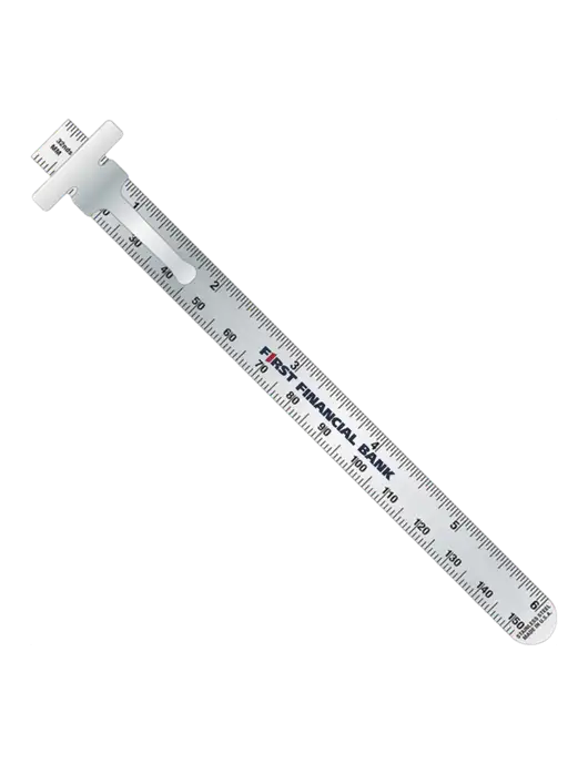 Slim Pocket Ruler 6” Stainless Steel Measuring 32nds & Metric w/First Financial Bank Logo