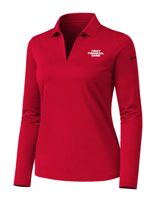 Nike Womens Red Dri-FIT Micro Pique 2.0 Long Sleeve Polo w/First Financial Bank Logo