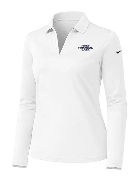 Nike Womens White Dri-FIT Micro Pique 2.0 Long Sleeve Polo w/First Financial Bank Logo