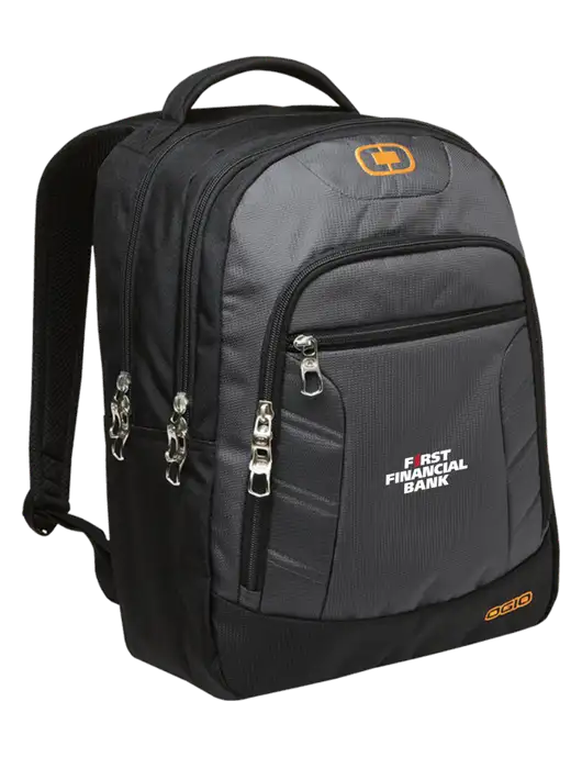 OGIO Dark Grey/Orange Colton Laptop Backpack
 w/First Financial Bank Logo