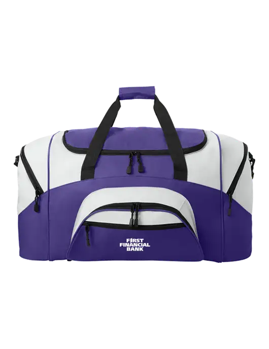 Standard Colorblock Purple/Light Grey Sport Duffel w/First Financial Bank Logo