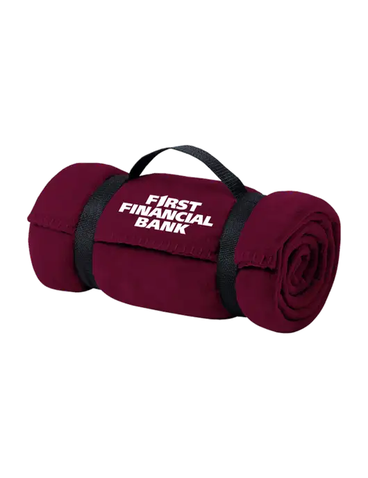 Casual Maroon Fleece Blanket With Strap w/First Financial Bank Logo