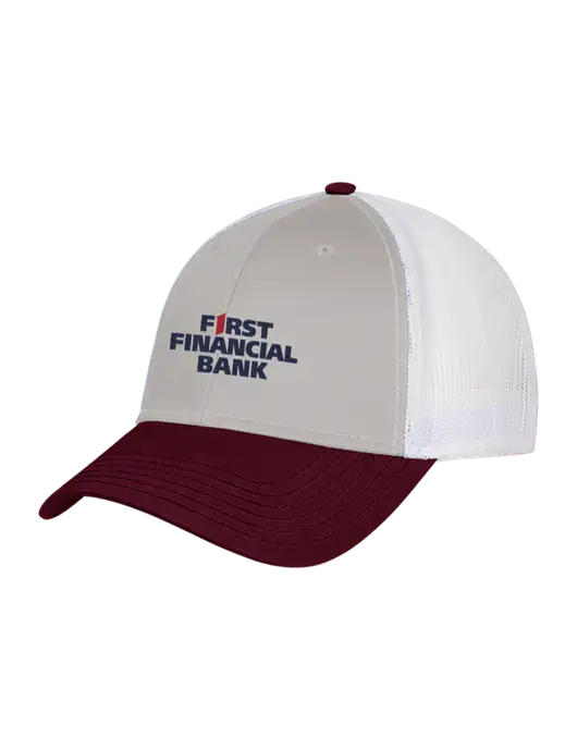 Maroon/Heather Grey/White Mesh Trucker Cap Snap Back w/First Financial Bank Logo