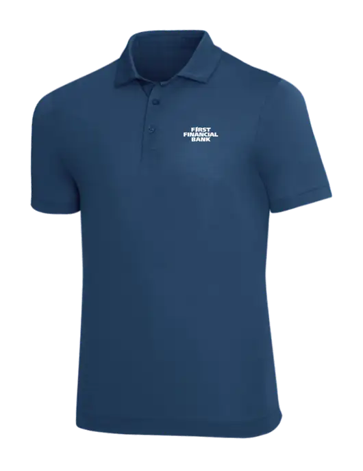 Mercer+Mettle Very Dark Sapphire Blue Stretch Jersey Polo w/First Financial Bank Logo
