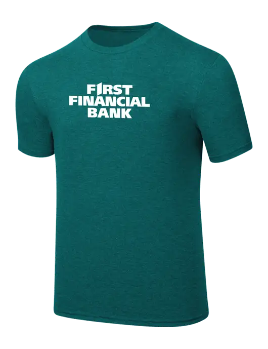 Simply Soft Heathered Dark Teal 4.5oz  Poly/Combed Ring Spun Cotton T-Shirt w/First Financial Bank Logo