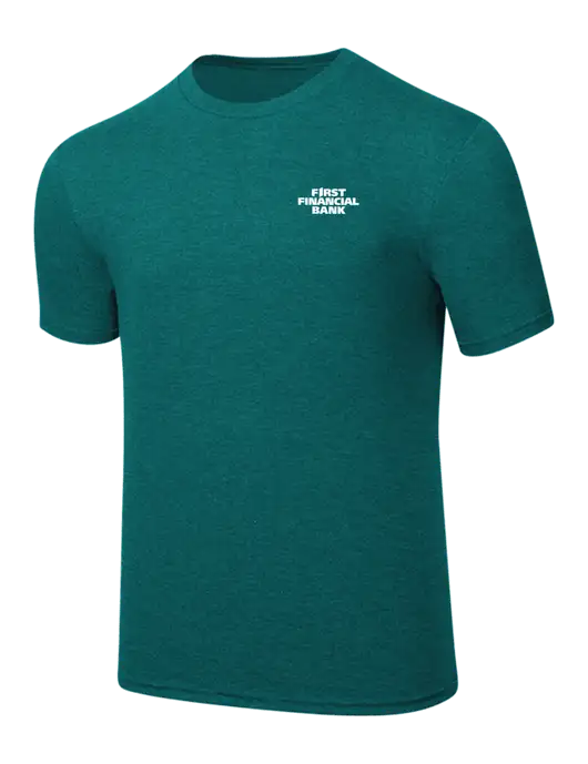 Simply Soft Heathered Dark Teal 4.5oz  Poly/Combed Ring Spun Cotton T-Shirt w/First Financial Bank Logo