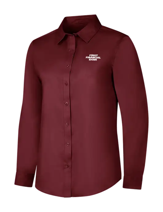 Maroon Womens Long Sleeve Superpro React Twill Shirt w/First Financial Bank Logo
