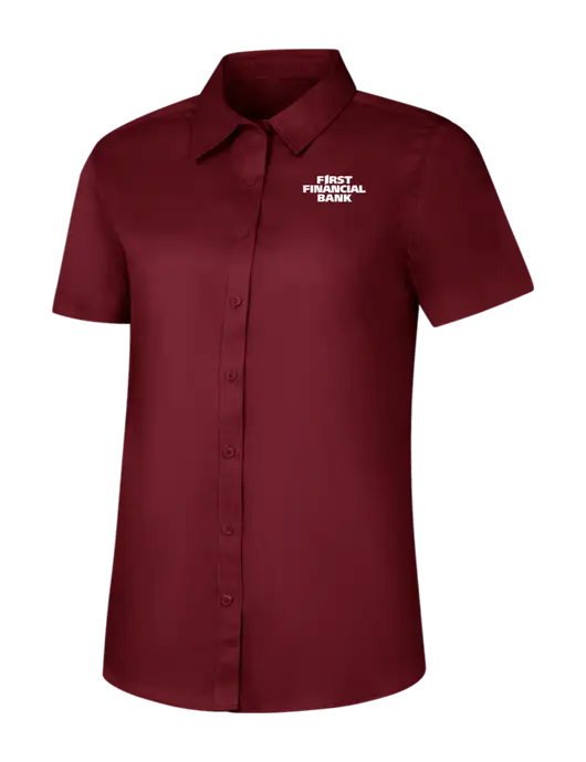 Womens Maroon Short Sleeve Superpro React Twill Shirt w/First Financial Bank Logo