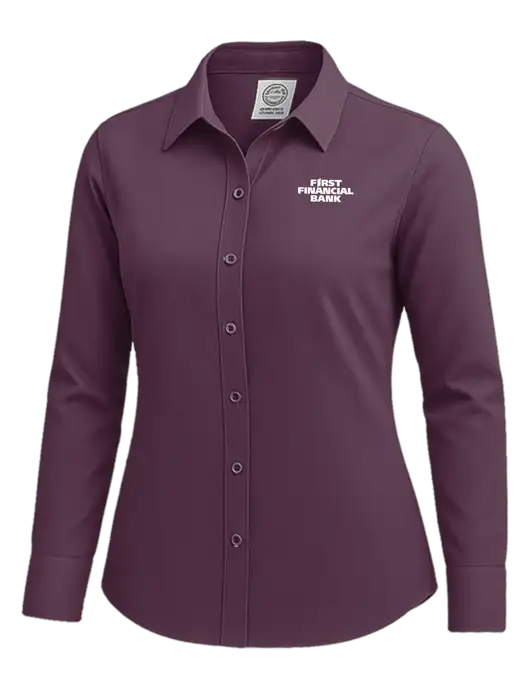 Brooks Brothers Womens Eggplant Wrinkle-Free Stretch Nailhead Shirt w/First Financial Bank Logo